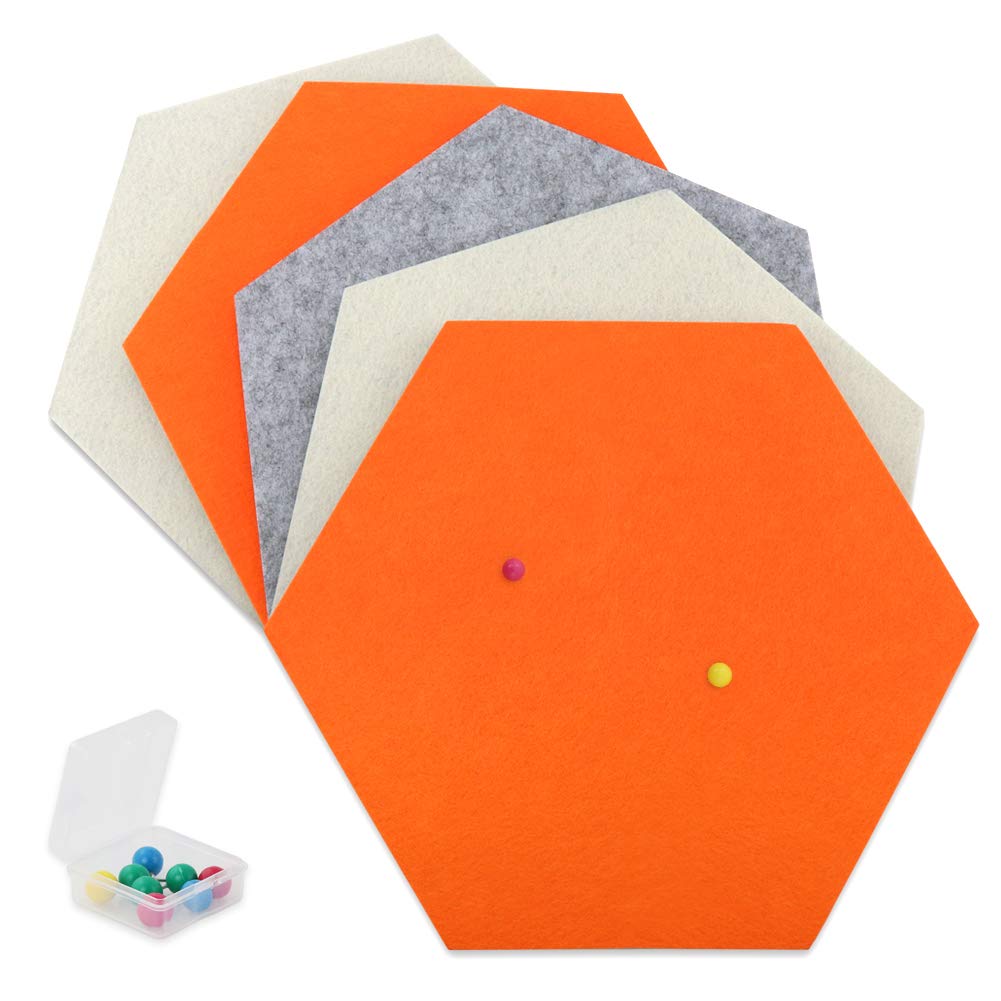 SEG Direct Hexagon Felt Cork Board Tiles, Self Adhesive Bulletin Board Large Felt Cork Boards for Walls Office with Push Pins 11.8 x 10.2 in, 5PCS(Orange/Ivory/Gray)