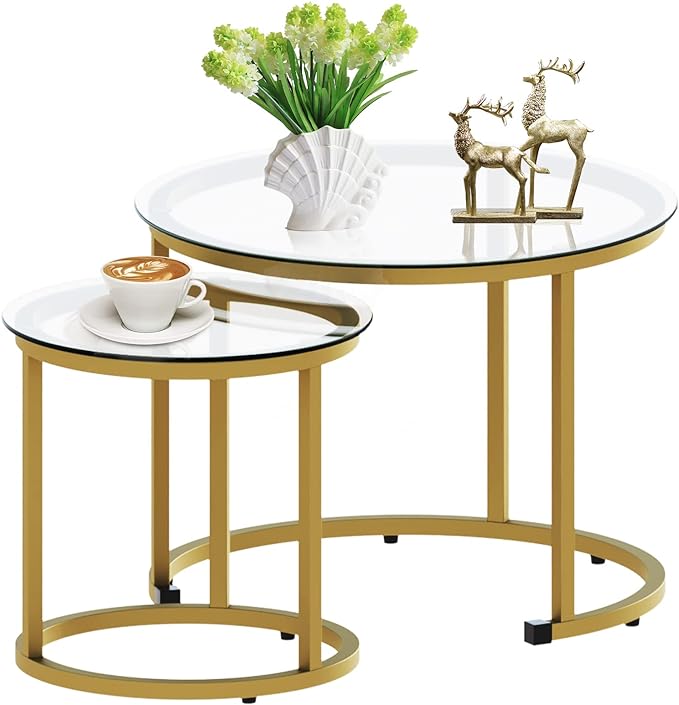 aboxoo Gold Nesting Coffee Table Set of 2, Small Glass Round Nesting Tables