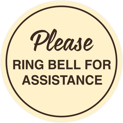Signs ByLITA Circle Please Ring Bell For Assistance Wall or Door Sign | Easy Installation | Front Desk Reception Sign (Ivory/Dark Brown) - Small (5 Pack)