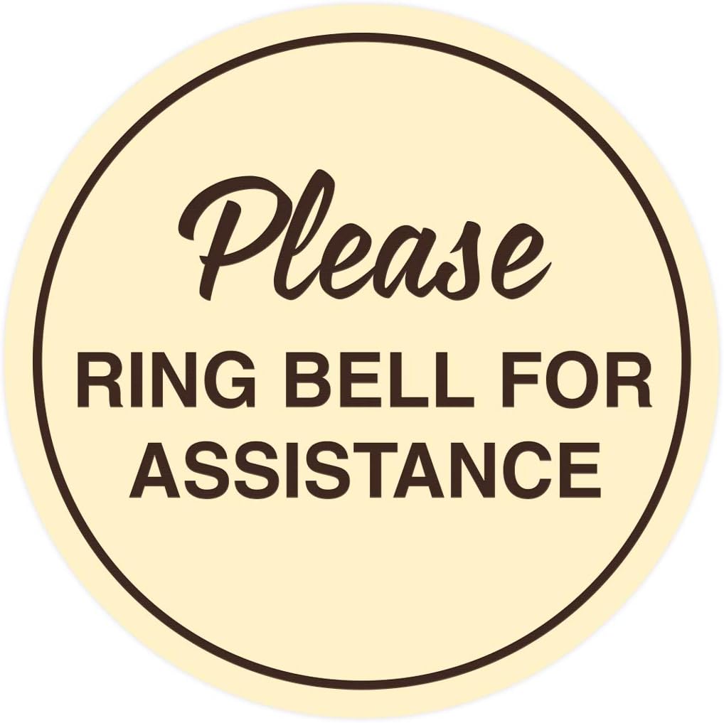 Signs ByLITA Circle Please Ring Bell For Assistance Wall or Door Sign | Easy Installation | Front Desk Reception Sign (Ivory/Dark Brown) - Large (2 Pack)