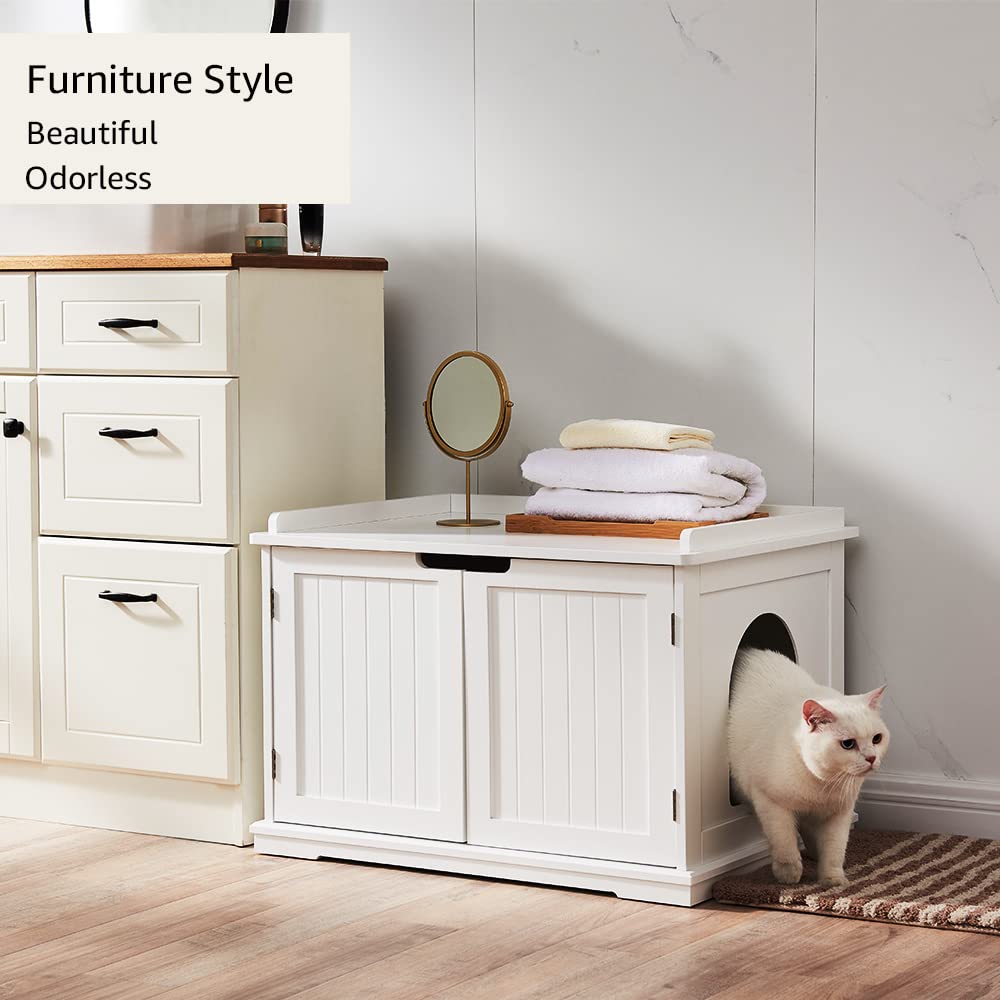 unipaws Cat Litter Box Enclosure Furniture, Cat Washroom, Hidden Litter Box Cover, Cabinet for Large Cat, Dog Proof Cat Litter Boxes, Hideaway Litter Box, Cat House, White