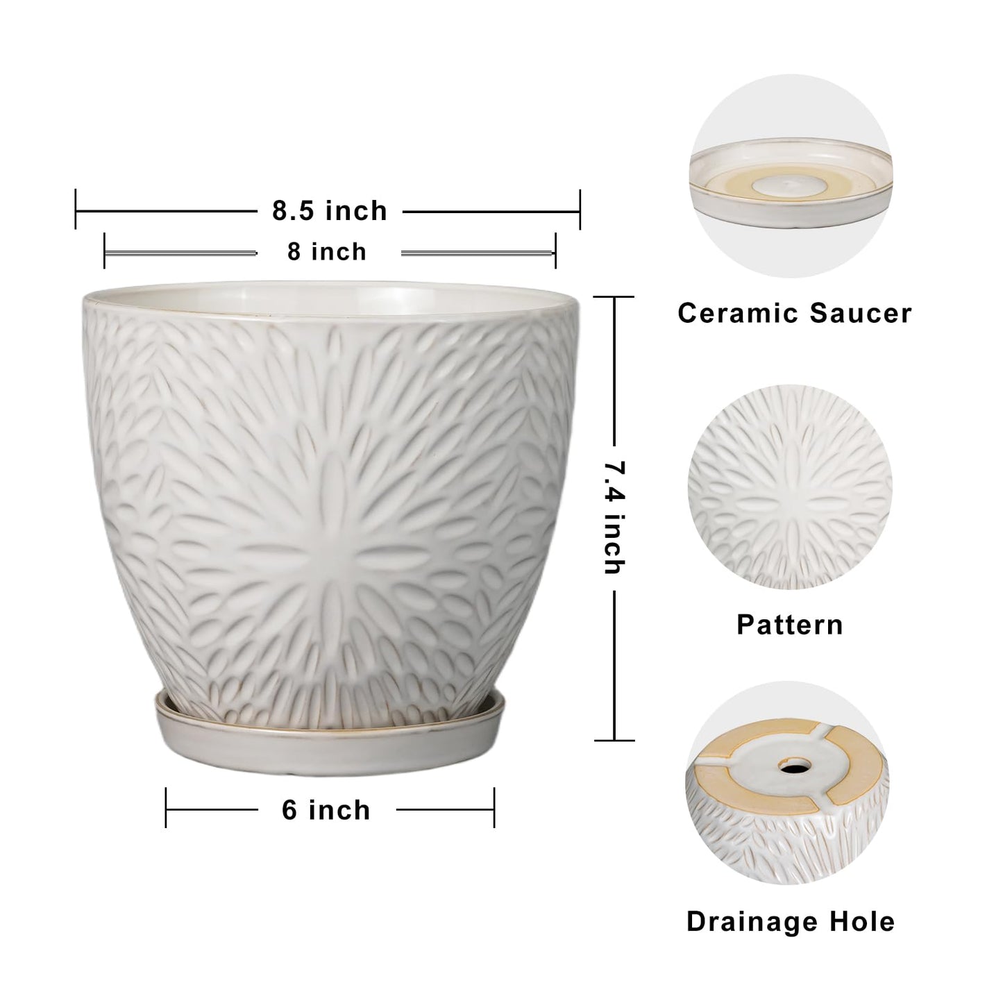G EPGardening 8 Inch Ceramic Plant Pot with Drainage Hole and Saucer Round Planter Pot for Indoor Outdoor Plants Modern Large Flower Pot White