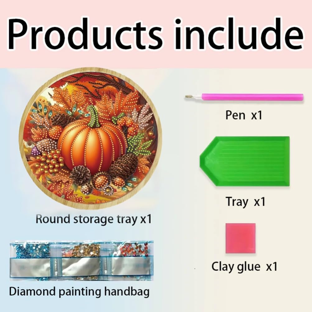 ARTopet DIY Diamond Round Serving Tray Diamond Art Painting Creative Design Handmade Bamboo Tray Dinner Plate for Coffee Breakfast Home Organizer-Fall Pumpkins