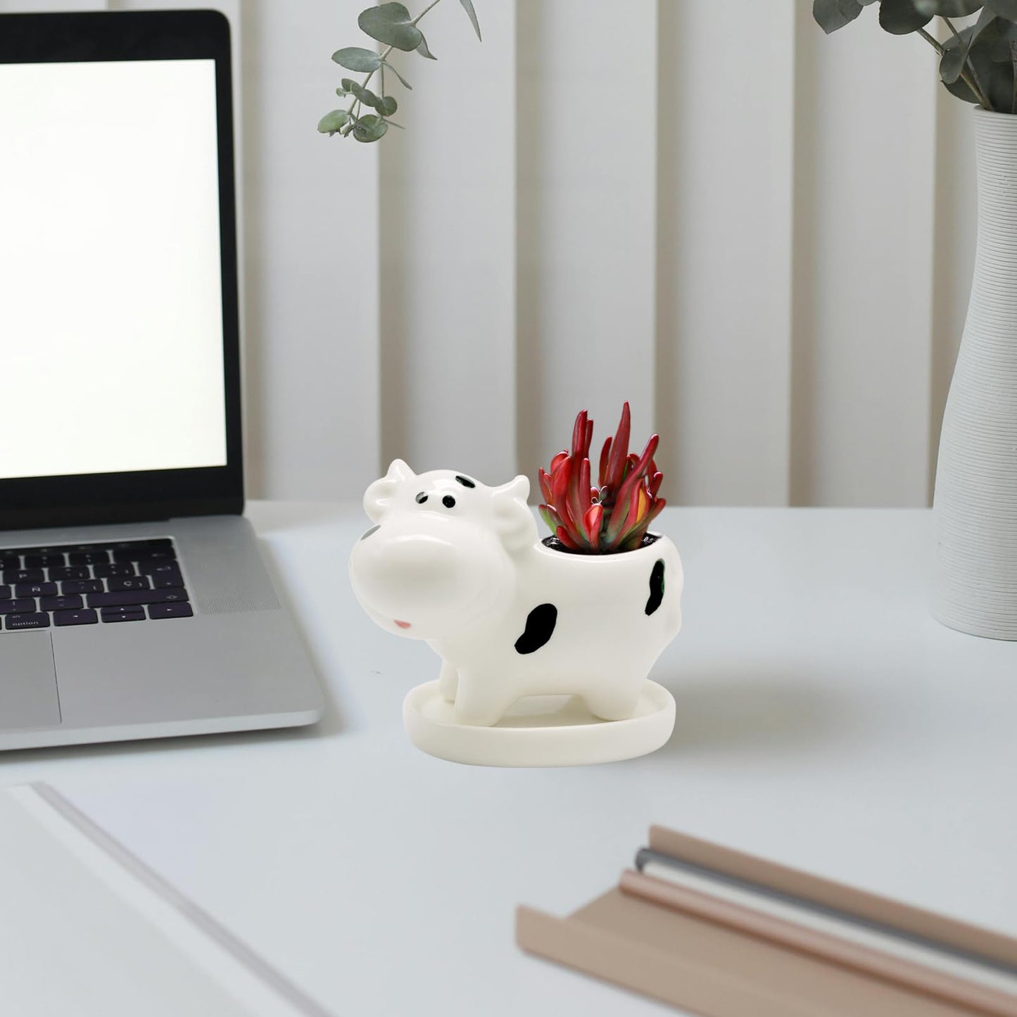 DIYOMR Cute Animal Planter Cow Dog Shaped Funny Small Succulent Pot White Ceramic Plant Pot with Tray for Mini Plants Flowers Cactus, Smooth Ceramic - Plants Not Included (Cow)
