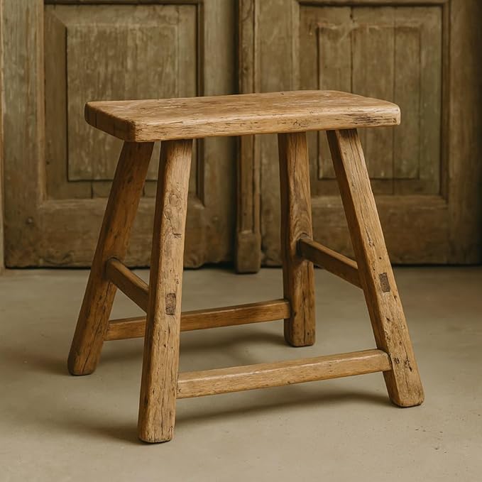 Artissance Vintage Wooden Stool, Solid Natural Wood 12–20" W x 6–9" D x 18–22" H