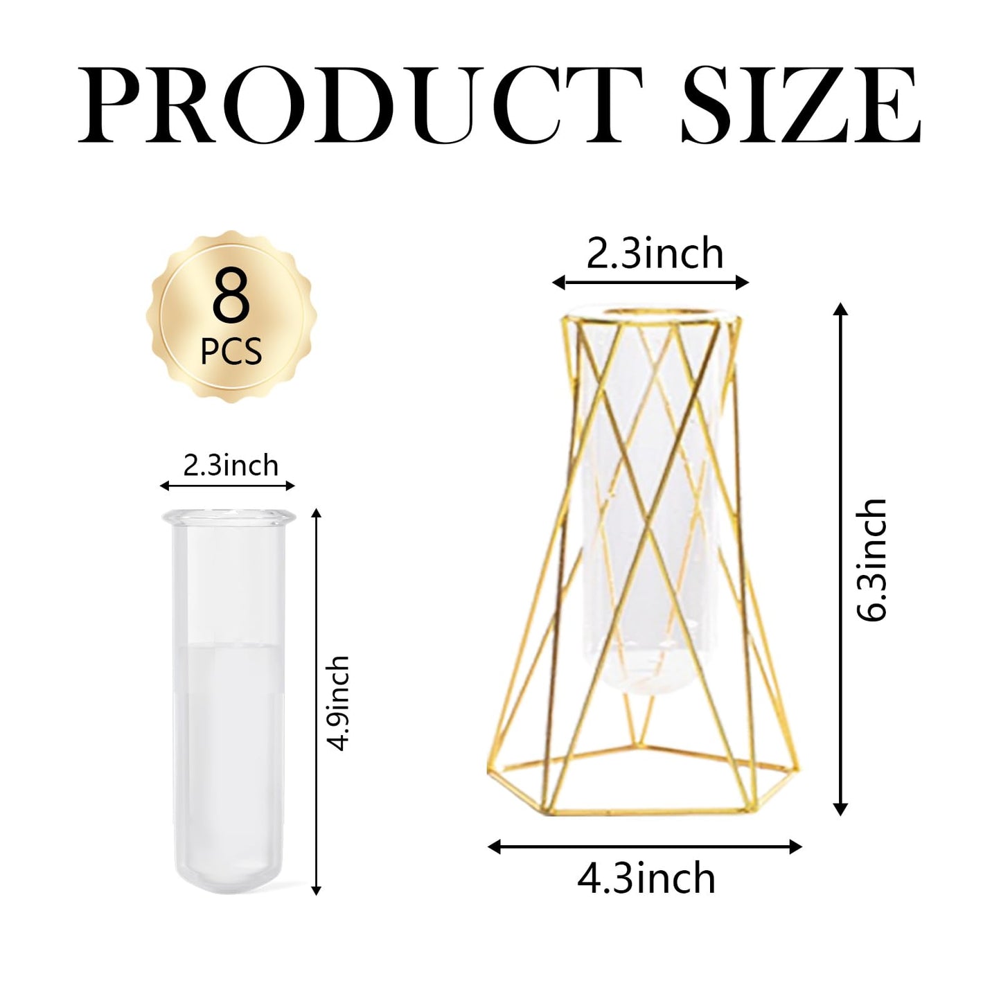 Hyuetrsa 8 Pcs Gold Geometric Vases for Centerpieces, 6.3 Inch Metal Flower Stand with Glass Vase Hydroponic Plant Test Tube Vases Modern Vase for Wedding Home Decor