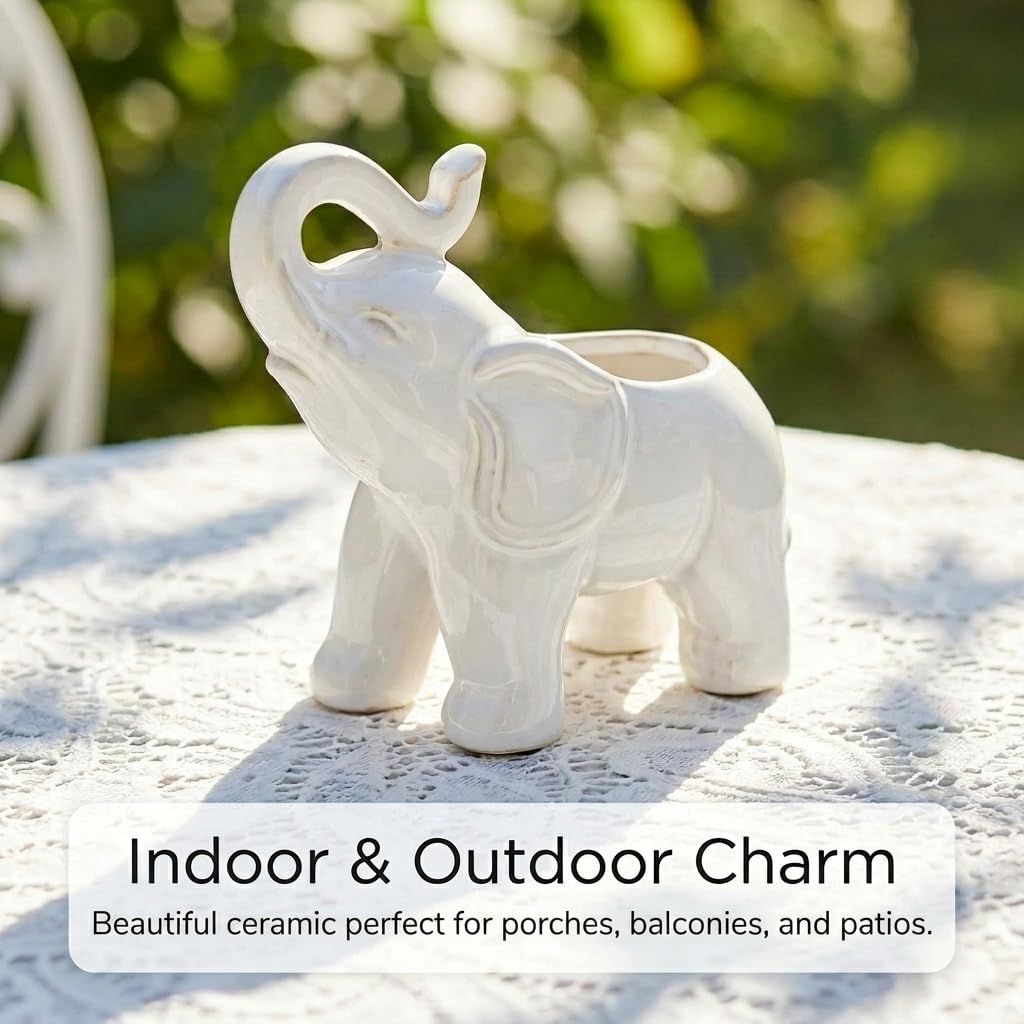 White Elephant Ceramic Flower Pot - Outdoor & Indoor Planter - Elephant Decor Succulent Pot - Small Plant Pot with Drainage - Windowsill & Patio Decor