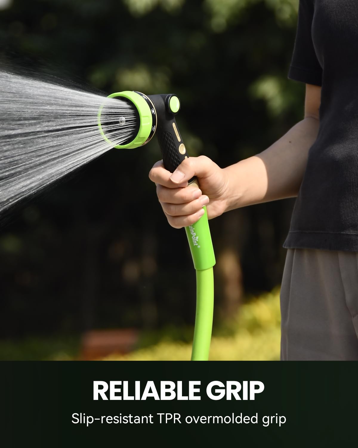 RAINPOINT Garden Hose Nozzle Heavy Duty - 100% Metal Thumb Control Spray Nozzles for Garden Hose High Pressure, 10 Patterns Water Hose Nozzle for Car Wash, Watering Lawn and Pets, Green