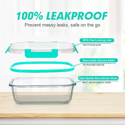 VERONES 12 Packs Glass Food Storage Containers Set, Airtight Glass Lunch Containers, Glass Meal Prep Containers with Lids,Exclusive of BPA, for Microwave, Oven, Freezer & Dishwasher Friendly,Green