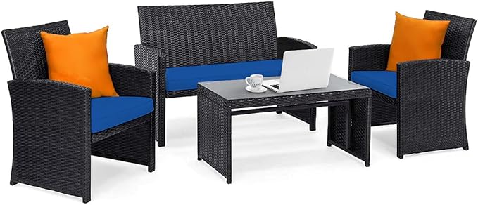 Tangkula 4 Pieces Patio Wicker Conversation Furniture Set, Patiojoy Sofa &