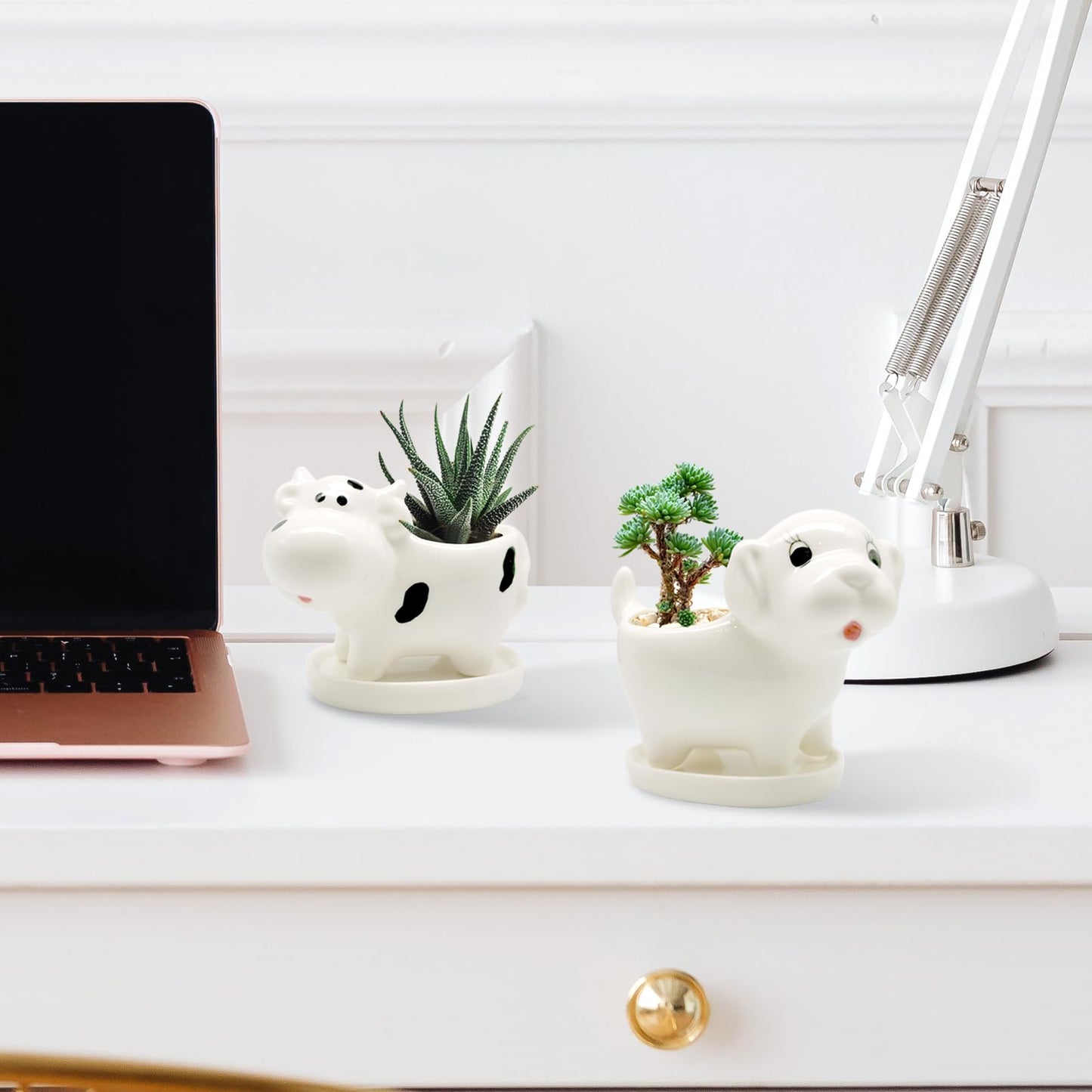 DIYOMR Cute Animal Planter Cow Dog Shaped Funny Small Succulent Pot White Ceramic Plant Pot with Tray for Mini Plants Flowers Cactus, Smooth Ceramic - Plants Not Included (Cow)