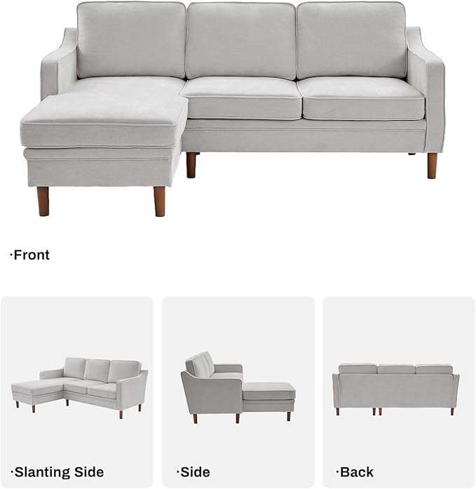Kingfun 88" L-Shape Sofa, Chenille Sectional Couch, Mid Century Modern Couches
