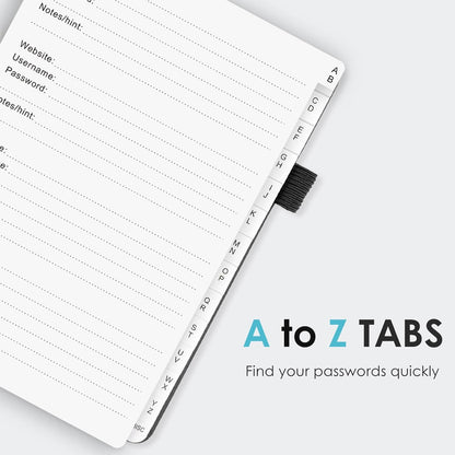 Elegant Password Book with Alphabetical Tabs - Hardcover Password Book for Internet Website Address Login - 7" x 10" Password Keeper and Organizer w/Notes Section & Back Pocket (Black)