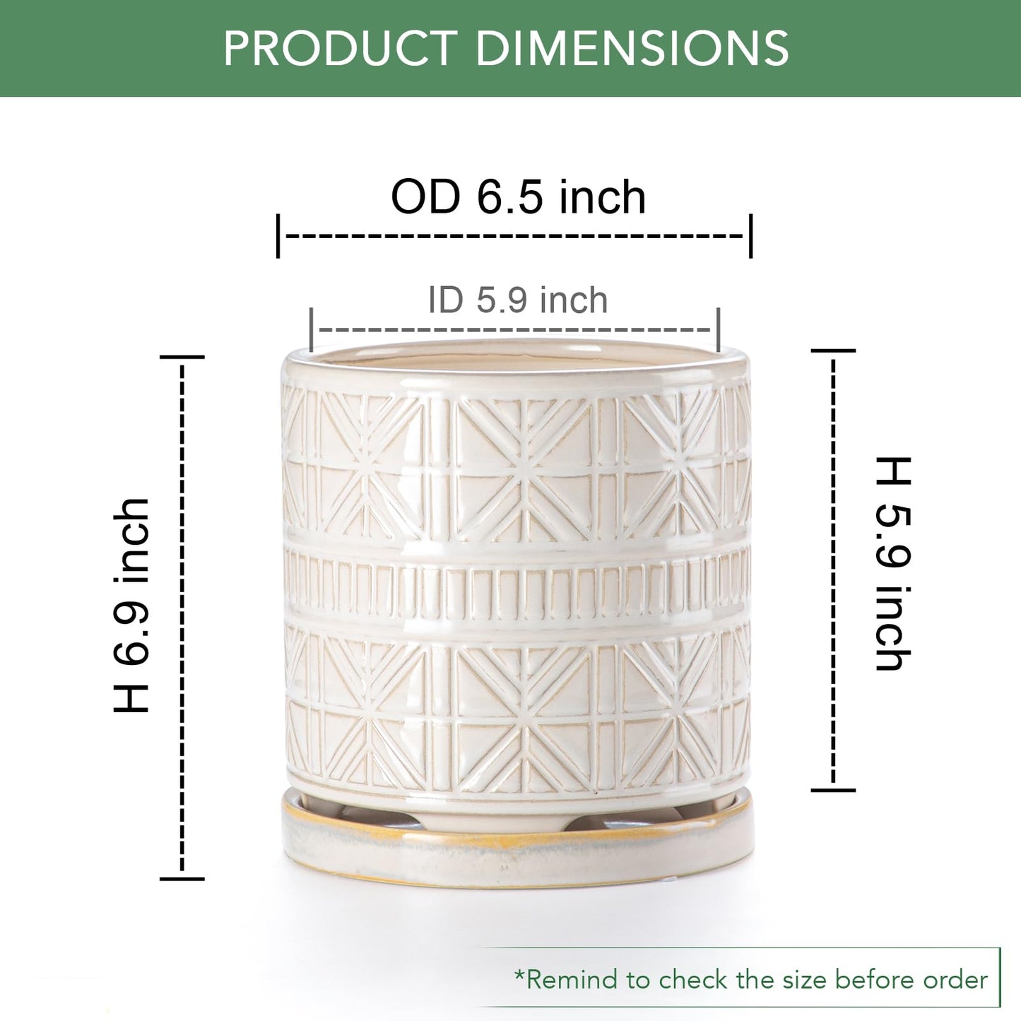 POITONRU Ceramic Plant Pots Indoor-Outdoor: 6 Inch Embossed Planters with Drainage Hole & Saucer - Modern Decorative Flower Pots for Home Garden Patio Office Decor