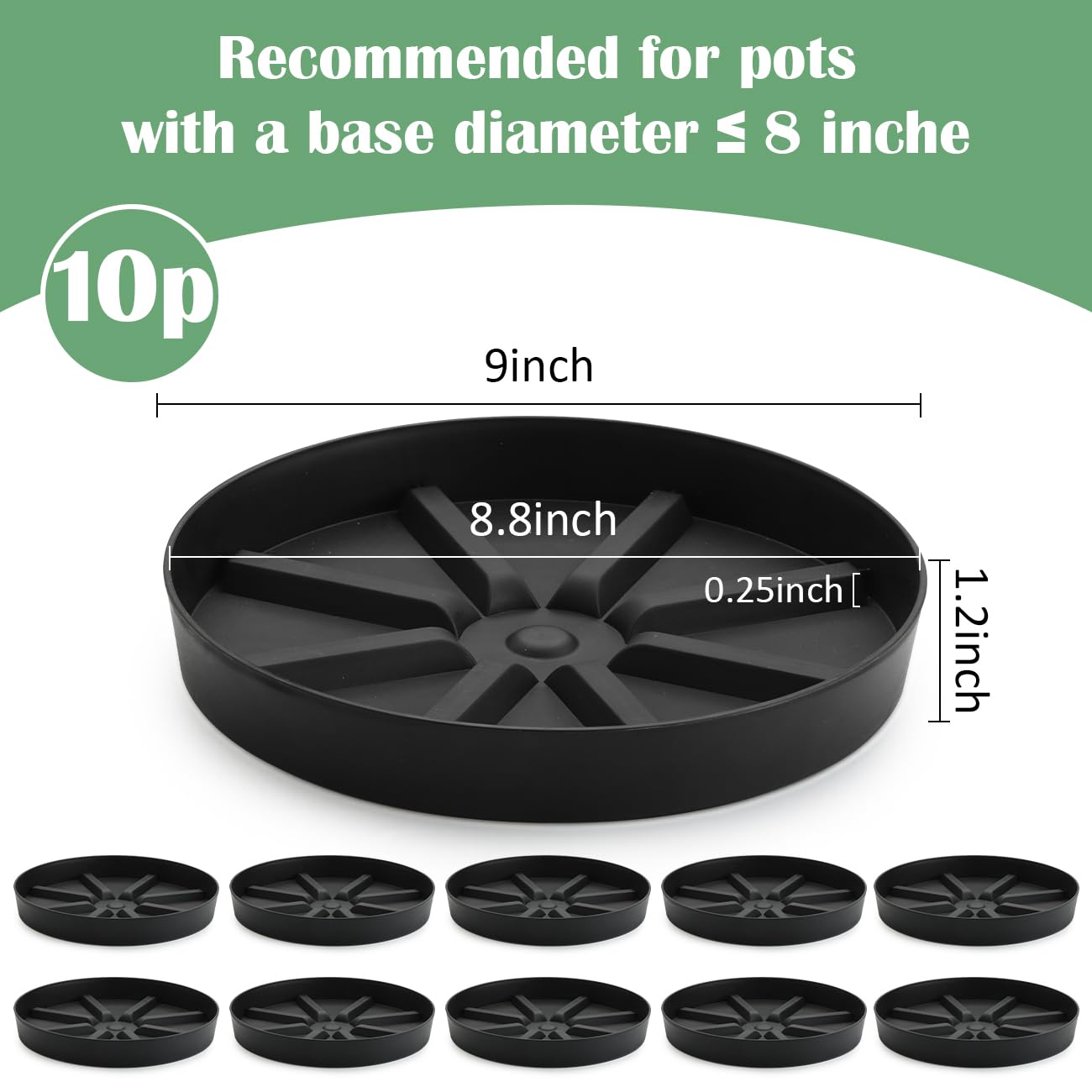 RooTrimmer Elevated Plant Saucer 10P, 9 Inch Round Pot Tray with Raised Base for Indoor Outdoor Potted Plants– Extra Deep Design to Catch Overflow Water, Thick Drip Plate for Succulents & Houseplants