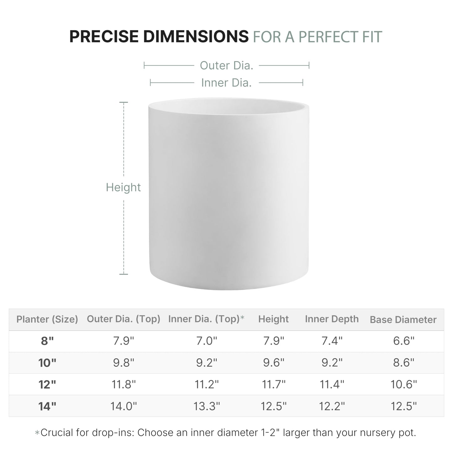 FaithLand 8 Inch Fiberstone Planter - Lightweight Modern Cylinder Plant Pot with Drainage Hole & Plug, Indoor Outdoor Use, Matte White