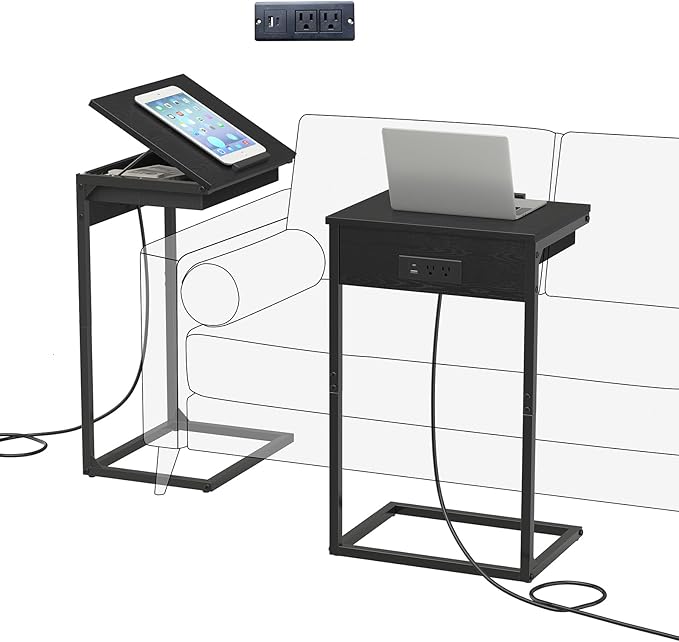 sthmec C Shaped End Table with Charging Station, 45° Tiltable Adjustable Flip