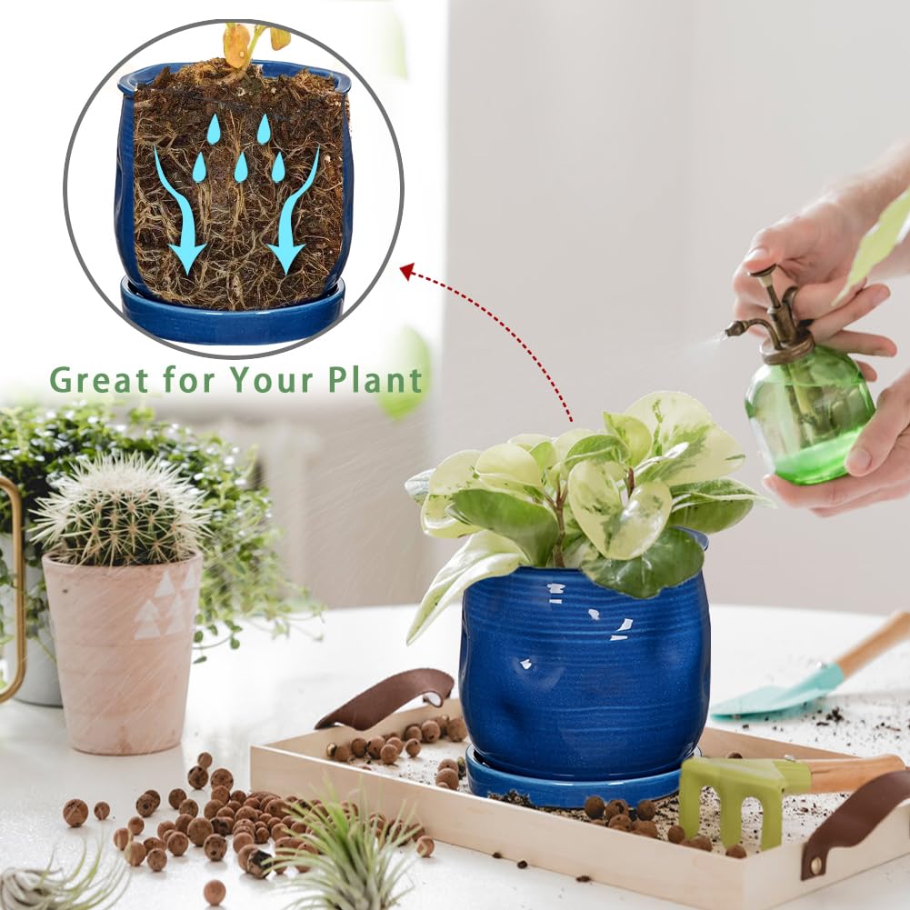 Oairse 5.7 inch Ceramic Pots for Plants, Plant Pot with Drainage Hole and Saucer Blue Ceramic Indoor Planter with Tray Decorative Flower Pots for Succulent, Cactus, Snake Plant, Herb Indoor Outdoor