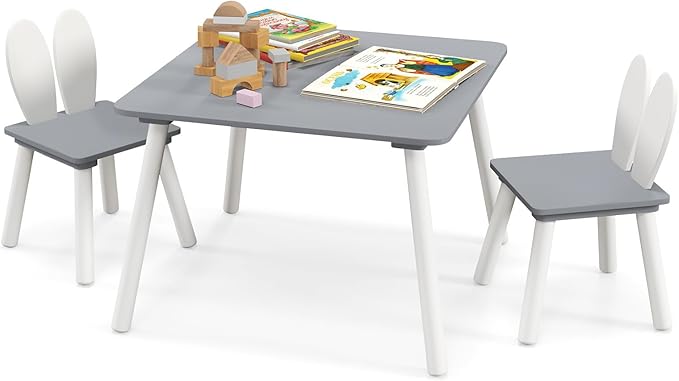 Costzon Kids Table and Chair Set, 3 Pieces Wooden Activity Table & 2 Rabbit