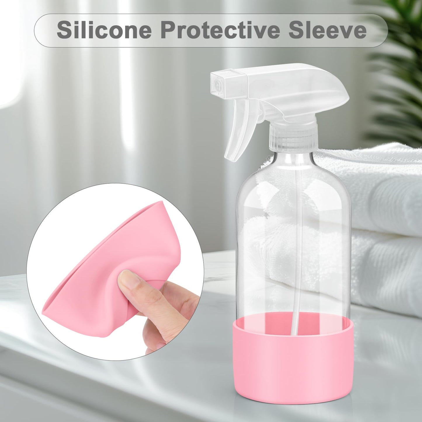 Worldgsb 2 Pack Glass Spray Bottles with Silicone Sleeve, 16 oz Empty Refillable Containers with Adjustable Spray Nozzles, Spray Bottles for Hair, Cleaning Solutions and Plants Pink