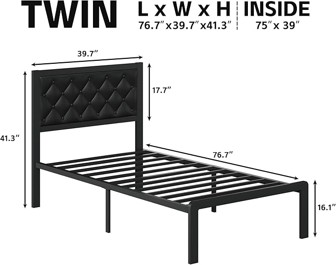Fluest Twin Bed Frame with Headboard PU Leather Upholstered Bed Frame Platform