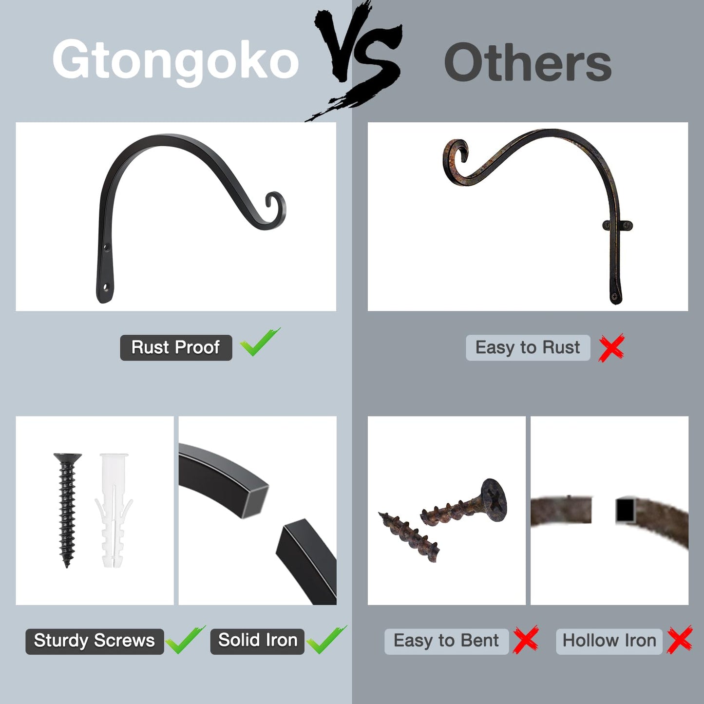 Gtongoko 2 Pack 8 Inch Plant Hangers Outdoor Metal, Plant Hooks for Wall Indoor, 44lb Capacity Outdoor Hooks for Hanging Bird Feeders, Lanterns, Wind Chinme, Black
