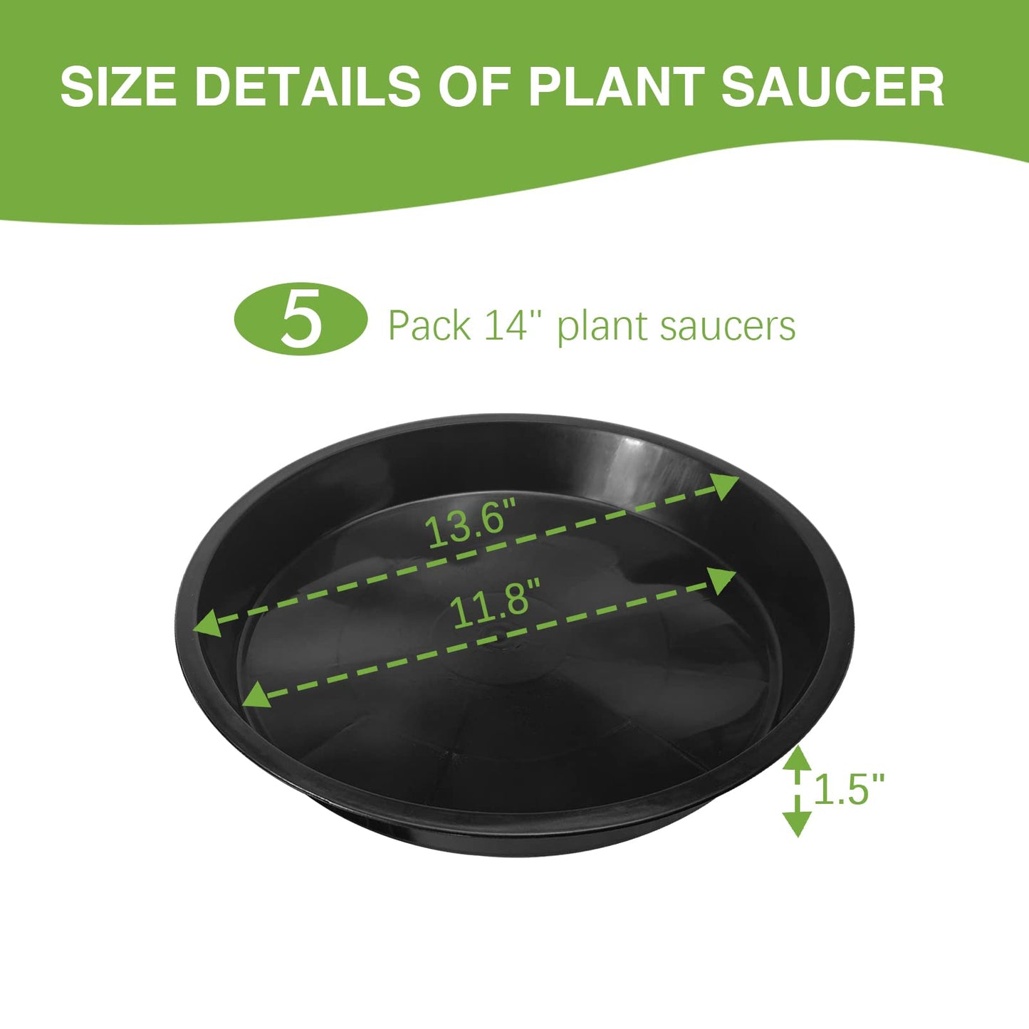 OUPSAUI 5 Pack 4 10 12 14 16 18 20 22 Inch Plant Saucer, Plant Trays for Pots, Large Plastic Plant Saucers for Indoors, No Holes Planter Drip Tray (14inch)