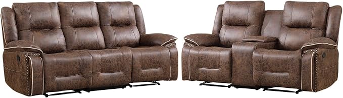 EBELLO Manual Recliner Sofa Set, Faux Leather Reclining Loveseat and 3 Seater