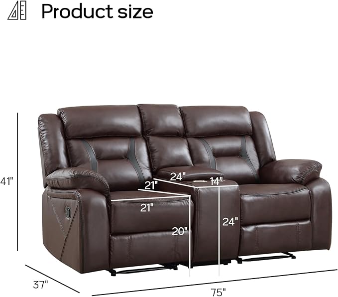 EBELLO Manual Faux Leather Loveseat Recliner, 2 Seat Reclining Sofa Chair