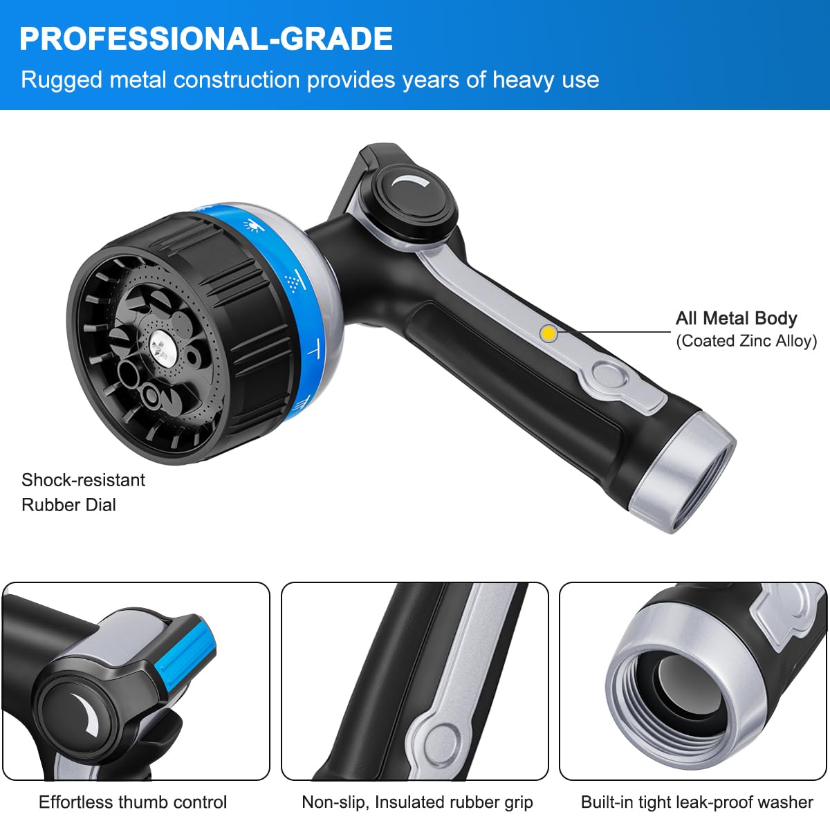 FANHAO Heavy Duty Garden Hose Nozzle, Metal Water Hose Sprayer with 10 Spray Patterns, Thumb Control, On Off Valve, High Pressure Water Nozzle for Plants Watering, Car and Pet Washing, Blue