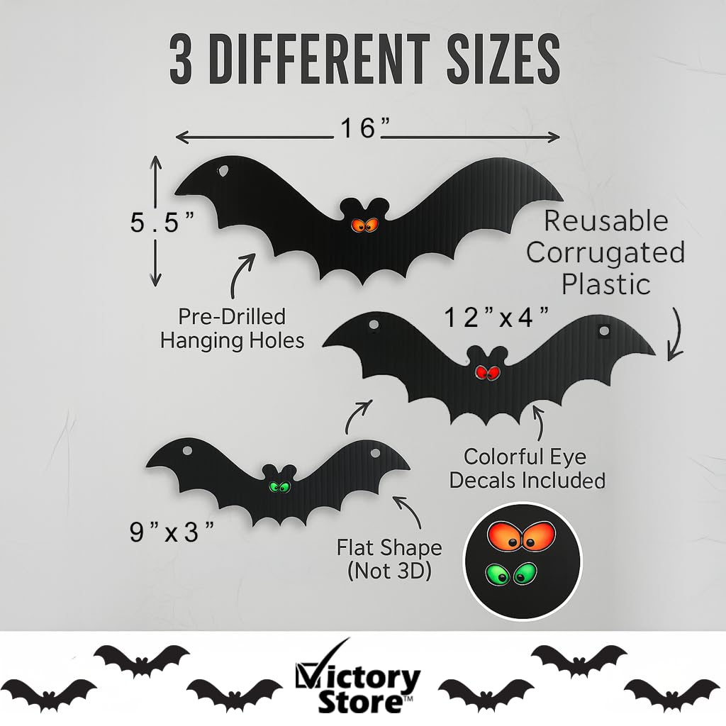 VictoryStore Outdoor Hanging Bat Halloween Yard Decorations, Set of 12 - Waterproof Plastic Hanging Halloween Decorations, Made in USA