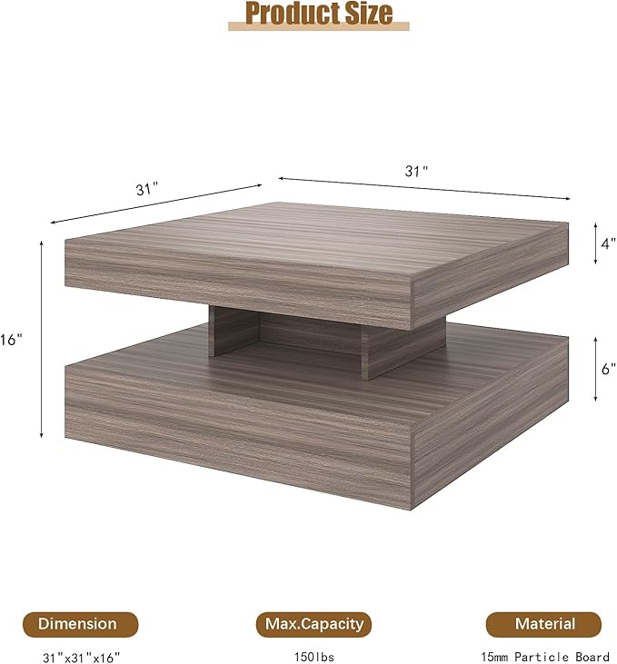 HedoAjim LED Coffee Table for Living Room, Living Room Table 2-Tier Square