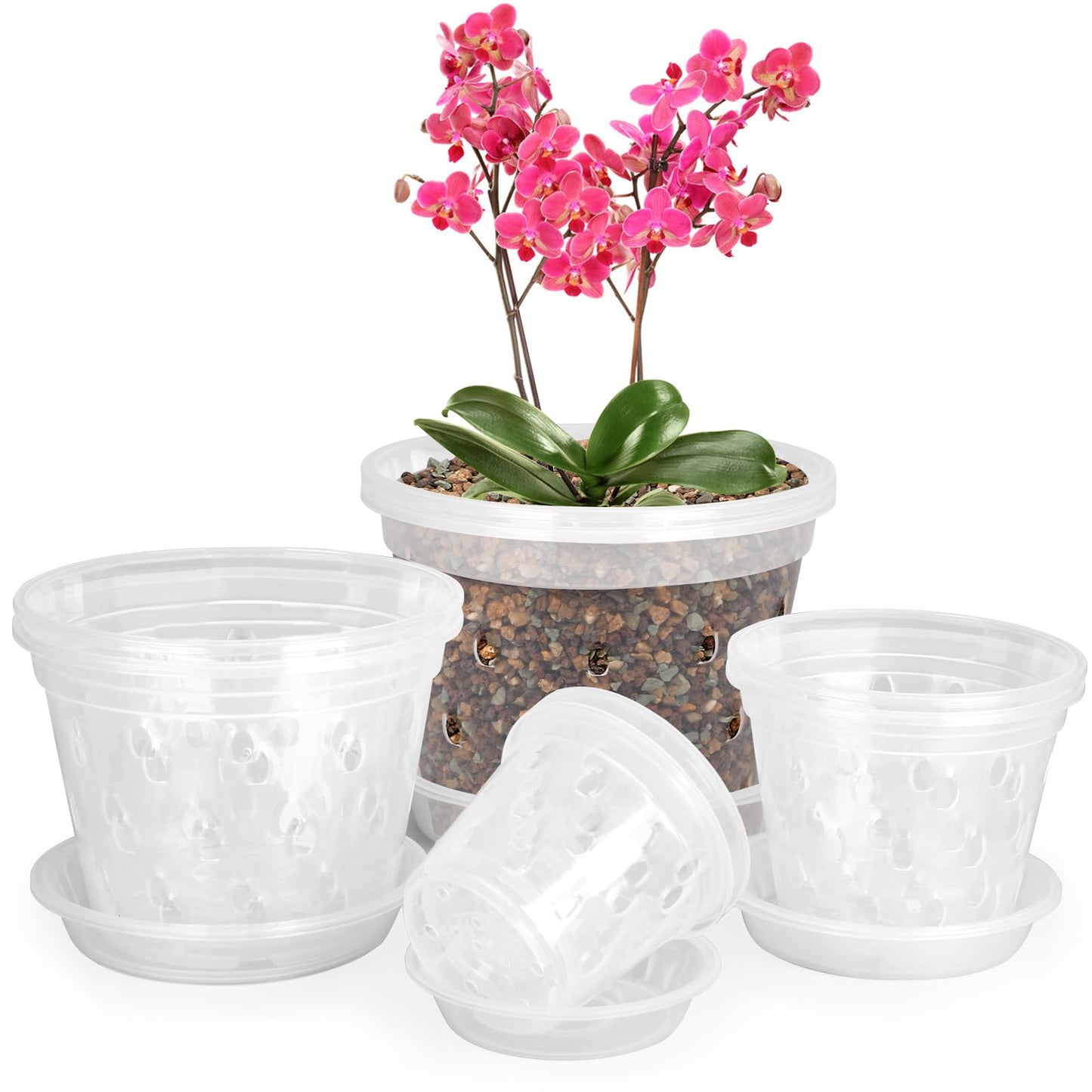 YOPIKUU Orchid Pot,3 4 5 6 Inch 8 Pack Orchid Pots with Holes and Saucers,Clear Plastic Flower Plant Pot for Indoor Outdoor Plants,Slotted Orchids Planter(3 4 5 6Inch)