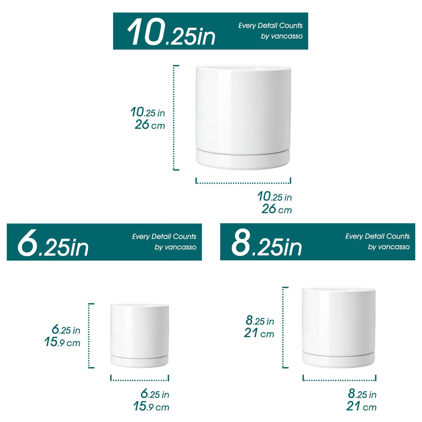 vancasso Ceramic Planters, Plant Pots for Indoor Plants, 6.25+8.25+10.25 Inch Ceramic Pots for Plants, Flower Pots with Drainage Holes, Planters Pot for Indoor House Plant, Set of 3, White