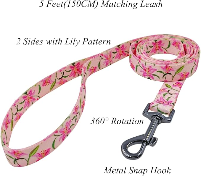 Dog Collar Leash Set, Floral Pattern, Polyester Material, Adjustable Collar and 5ft Matchcing Leash, 5ft Leash, for Small Dogs.(S, Pink Lily)