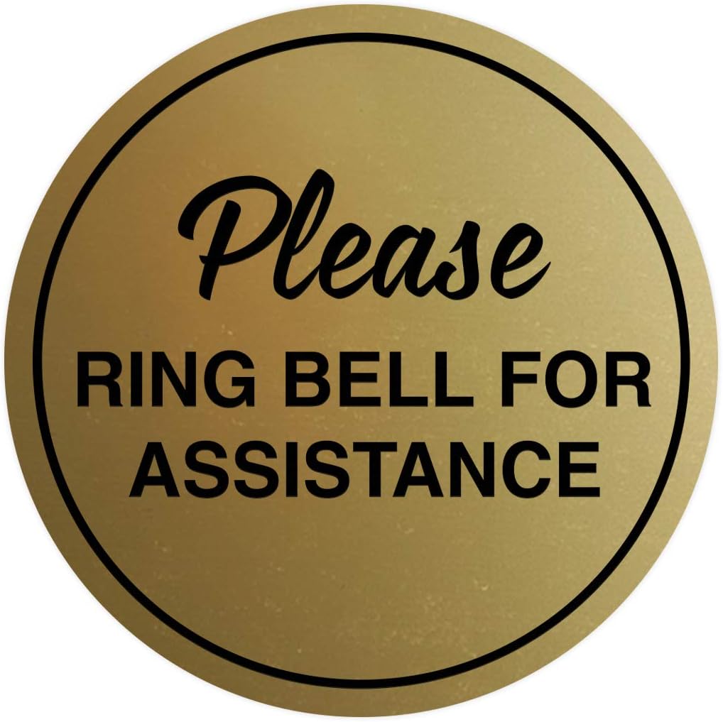 Signs ByLITA Circle Please Ring Bell For Assistance Wall or Door Sign | Easy Installation | Front Desk Reception Sign (Brushed Gold) - X-large (2 Pack)