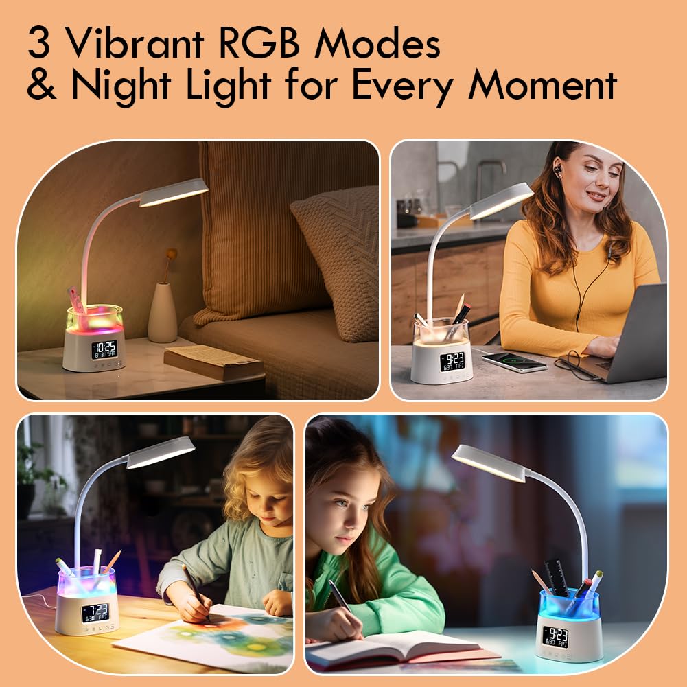 WILIT LED Desk Lamps for Home Office with Pen Holder, Table Lamp for Bedroom with USB Charging Port & Clock, RGB Night Light, Study Lamp for Kids Girls, Desk Light for College Dorm Room Essentials