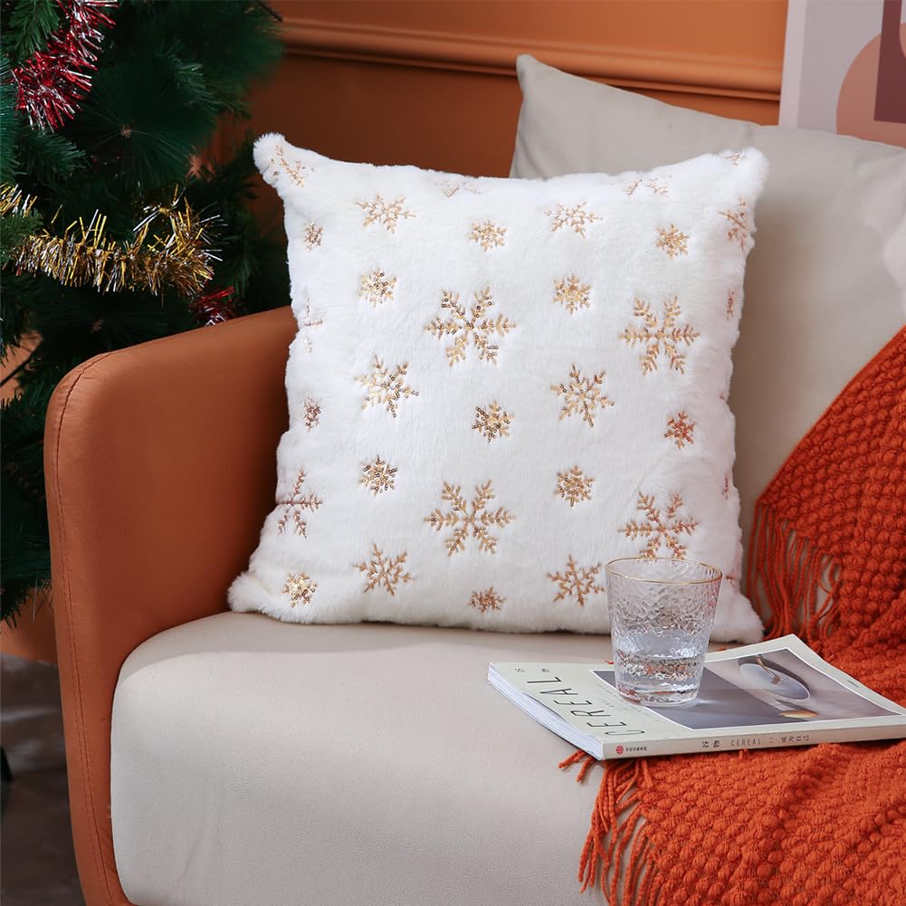 Homithley Christmas Pillow Covers Set of 2 Winter Snowflakes Decorative Throw Pillowcases Christmas Gold Sequin Plush Pillow Covers for Sofa Cushion Bedroom Party Décor (Gold, 18”×18”)