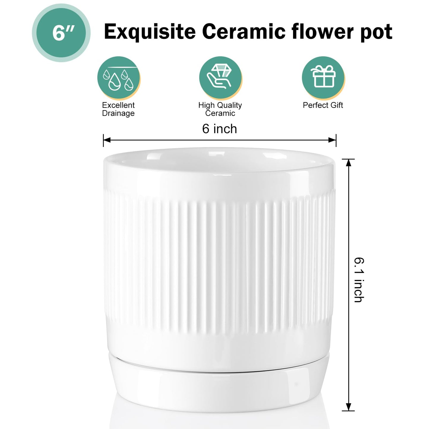 Vanavazon 6 Inch Glazed Ceramic Plant Pots with Drainage Hole and Saucer, Cylinder Indoor Planters for All House Plants, Modern Decor for Home & Office, Set of 2 (White)