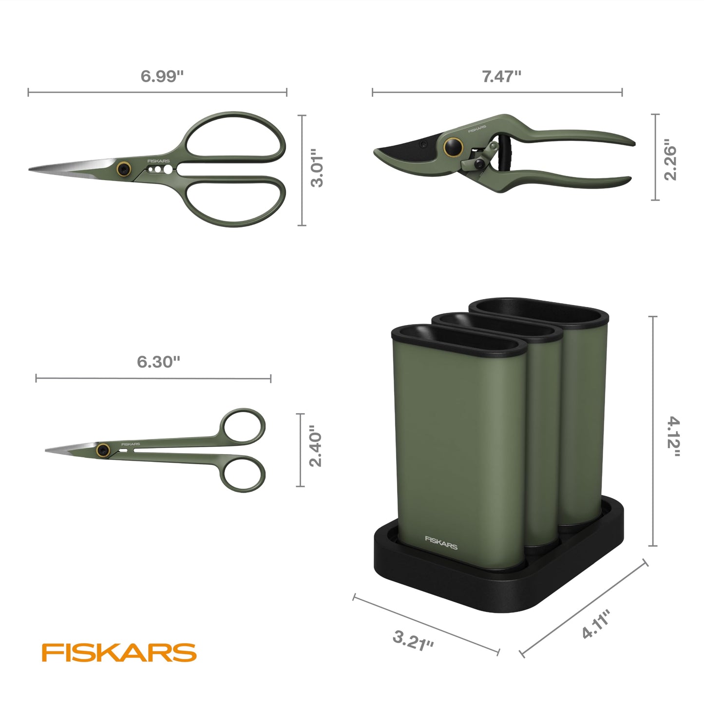 Fiskars Indoor Plant Care 3-Piece Set, Precision Gardening Tools with Nesting Storage Caddy, Detail Snips, Stem Shears & Bypass Pruner for Trimming & Shaping Houseplants, Stainless Steel Blades, Green