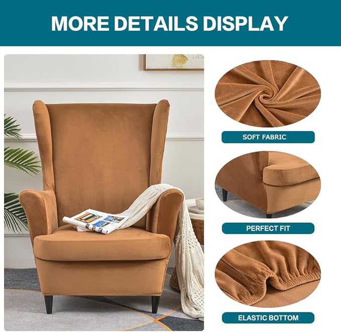 KRFOONN Wingback Chair Cover Slipcovers 2 Piece Stretch Velvet Plush Wing Chair