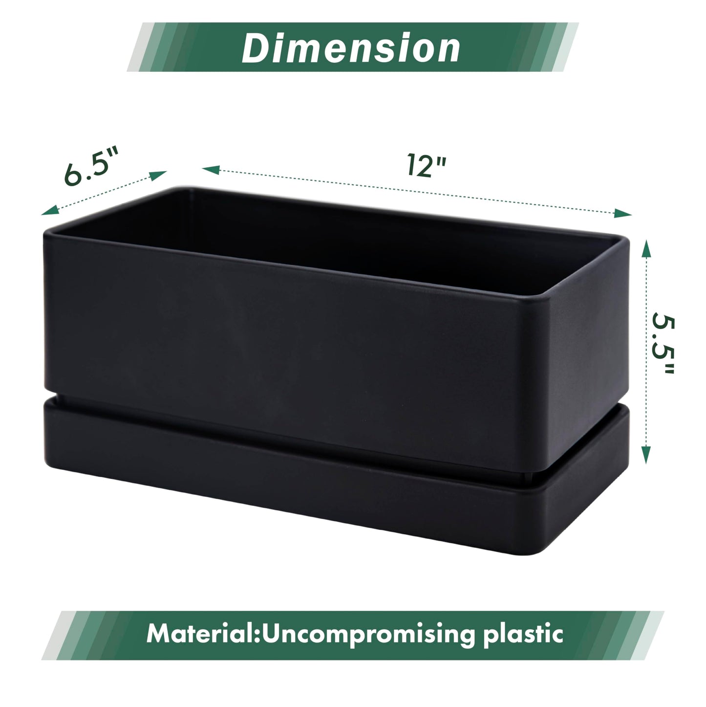 D'vine Dev 12" x 6.5" Window Box Planter, Rectangular Plastic Herb Planter with Drainage Holes & Saucer, Succulent, Cactus & Vegetable Pot for Windowsills/Balconies, Black, Set of 2, 76-P-B-2