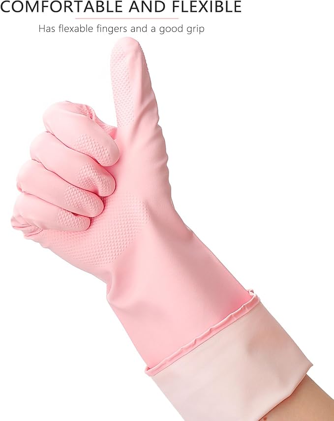 3 Pairs Rubber Cleaning Gloves Latex Free Dishwashing Gloves - 13" Reusable Nitrile Gloves Large, Green+Pink+Red
