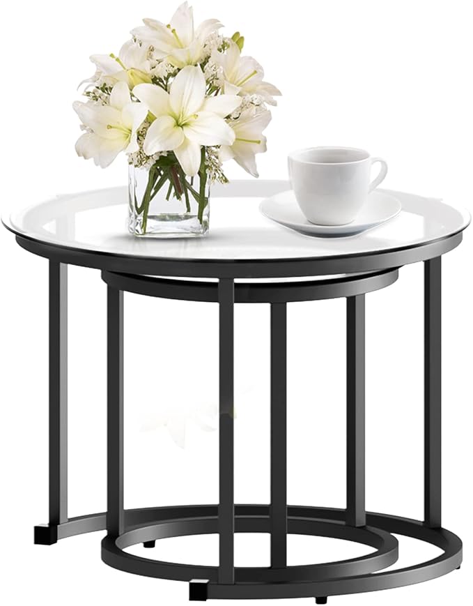 aboxoo Black Nesting Coffee Glass Table Set of 2, Metal Freme Side End Tables