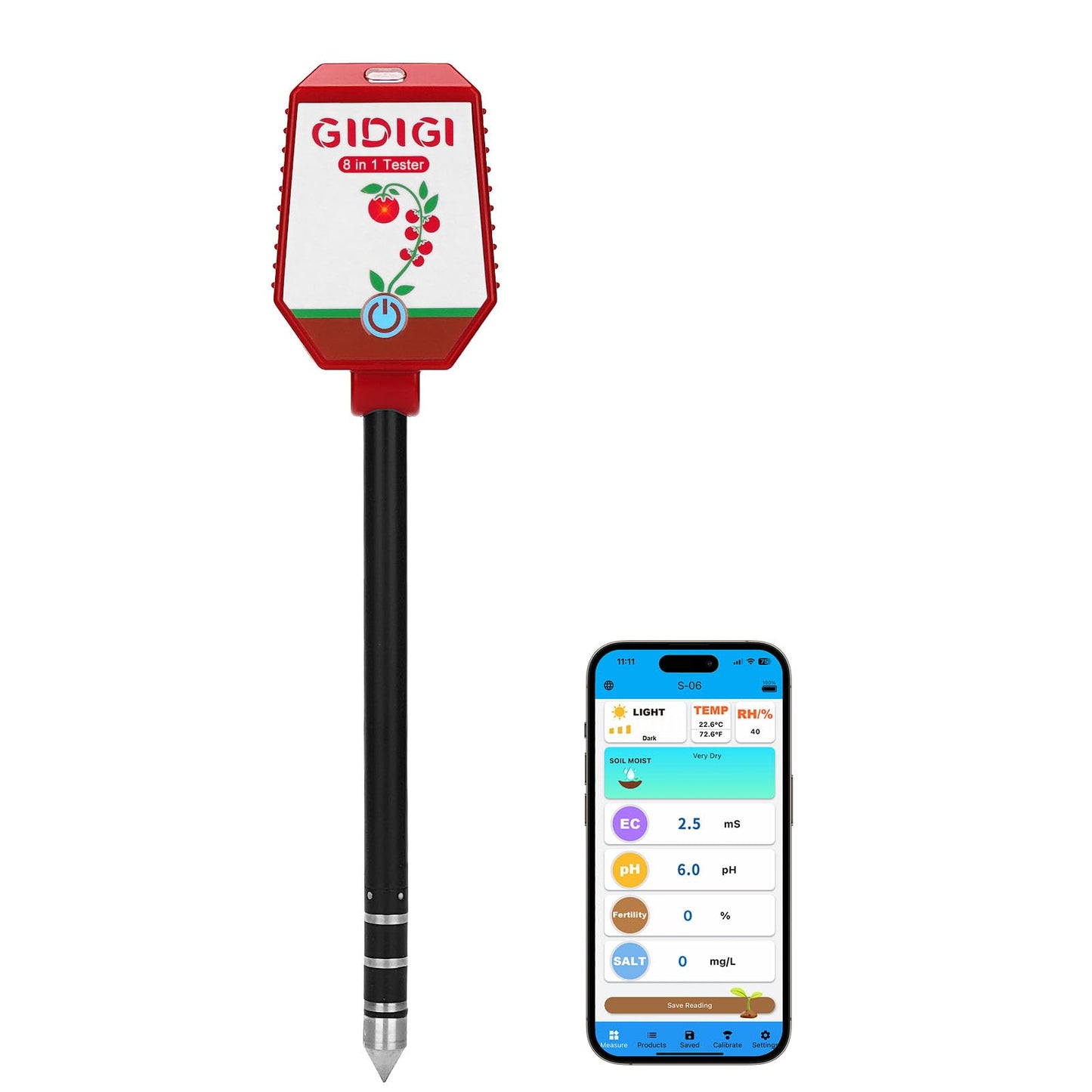 Soil pH Meter Smart Soil Moisture Meter with App Control Digital Soil Test Kit for Plants pH Sunlight Intensity Fertility pH EC Salt Soil Thermometer Humidity Moisture Meter for Garden Lawn Farming