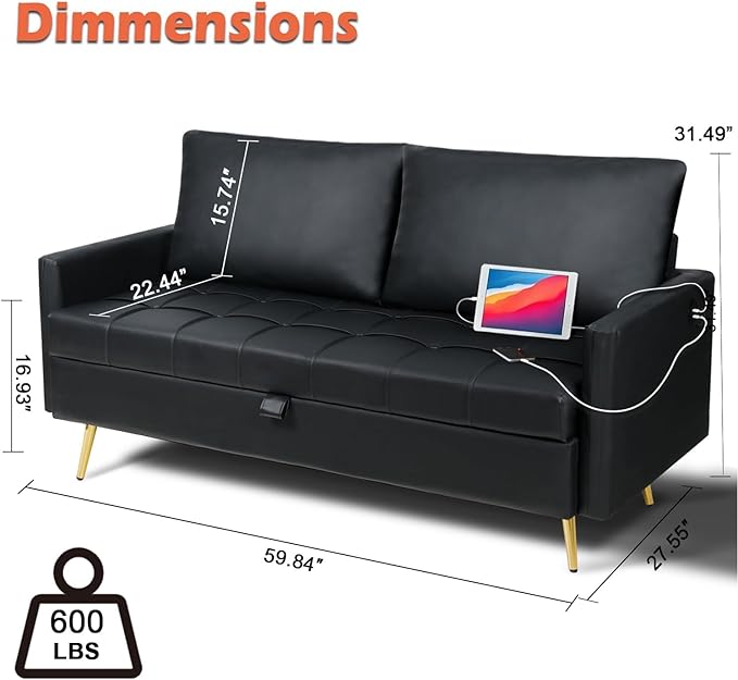 LINLUX Black Leather 60" W Couch