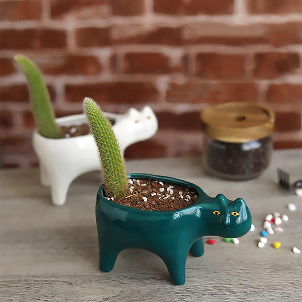 DIYOMR Cat Planter Animal Succulent Pots, Ceramic Cat Mini Flower Pots Cactus/Plants Containers for Home Office Desk Windowsill Decor, Plants Not Included (2Pcs)