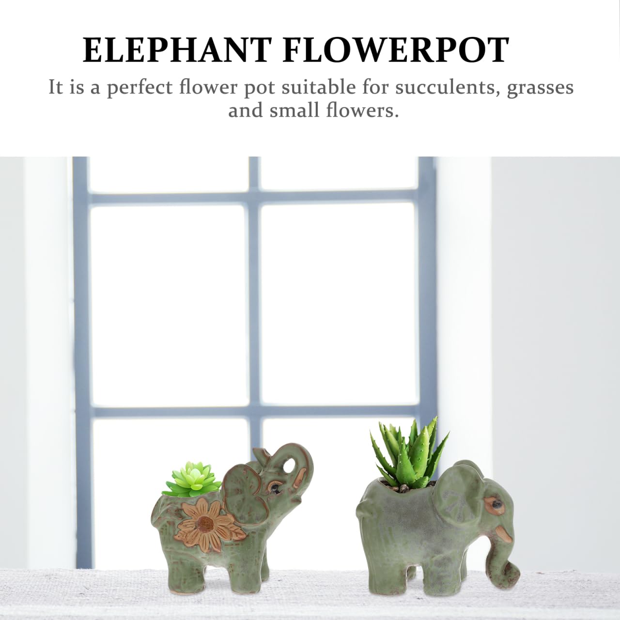 HANABASS 2Pcs Small Ceramic Elephant Planter Green Retro Flower Pots for Succulent Plants Small Cactus Holders Decorative Animal Plant Pots for Indoor Outdoor