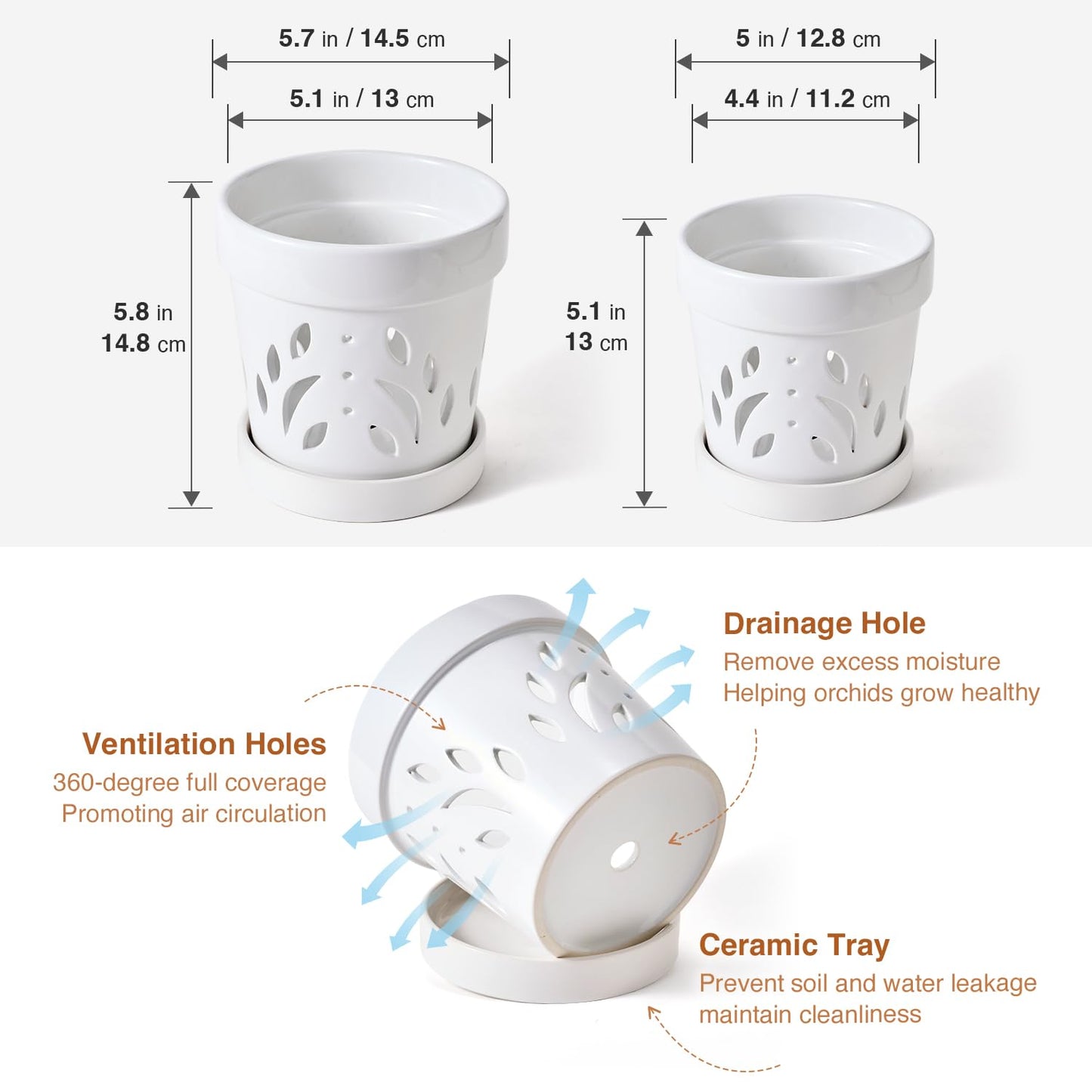 STHIE Orchid Pots, 5 + 6 Inch Ceramic Orchid Pots with Holes, Orchids Planter for Repotting, 2 Pack Promoting Air Circulation, White Flower Pots with Removable Trays