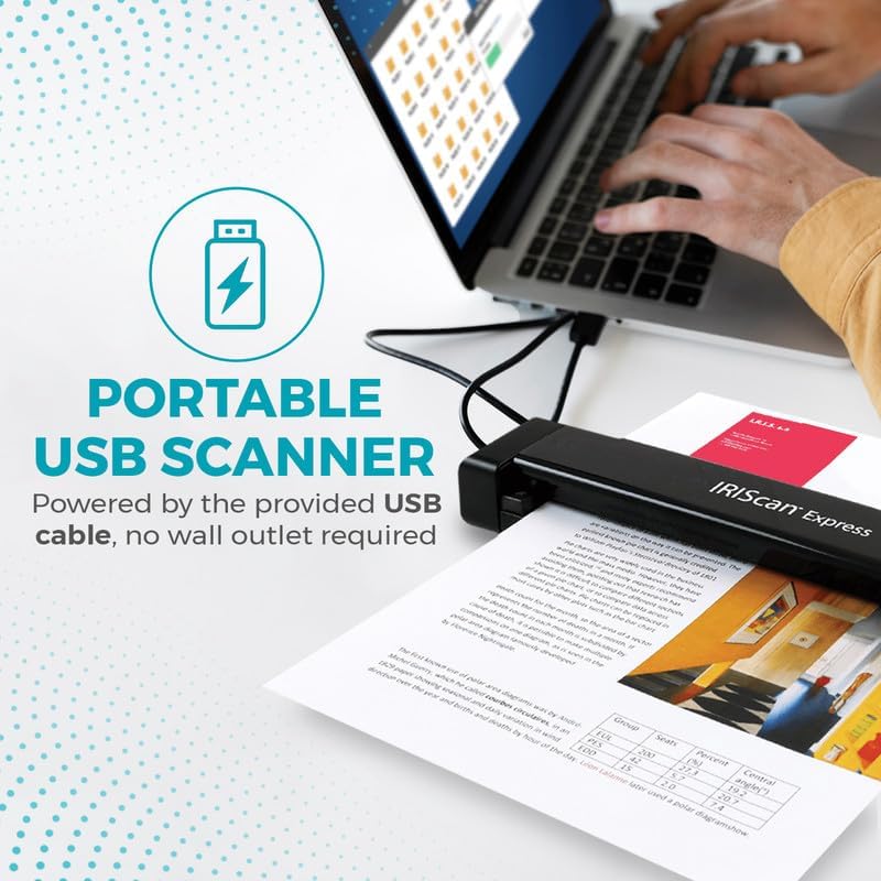 IRIScan Express v4 8PPM Portable Document Scanner - Simplex: Scan Directly to PDF, Word, Excel and Bus. Cards to Outlook. Receipt Scanner for Computers with USB Connectivity (Windows Only)